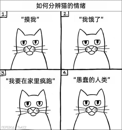 这是一幅黑白线稿风格的四格连环漫画，以“如何分辨猫的情绪”为主题。四个格子中的猫咪绘制线条完全一致，表情平淡冷漠，眼神无明显起伏，但分别标注了四种猫咪常见的行为或想法：“摸我”“我饿了”“我要在家里疯跑”“愚蠢的人类”。漫画通过猫咪表情无差别但状态天差地别的反差感，精准调侃了猫咪情绪难以捉摸、铲屎官常常猜不透猫咪想法的日常，十分贴合养猫人群的生活体验，充满搞笑趣味。