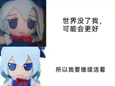 这是一张上下对比的图文混排图，使用了《东方Project》角色琪露诺的官方毛绒玩偶（fumo）形象。上方的玩偶呈现出低落沮丧的神态，眼神黯淡，搭配文字“世界没了我，可能会更好”；下方的玩偶则眼神明亮，带着狡黠的微笑，配文“所以我要继续活着”。通过上下两张图的表情反差与文字的逻辑反转，塑造出一种腹黑的幽默感，表达出“偏要活着不让世界变得更好”的反向消极式搞笑态度，用强烈的反差感制造笑点，契合二次元爱好者的趣味偏好。
