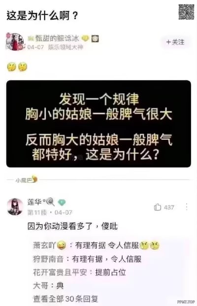 本图片是一张网络社区截图，内容是一则关于"发现一个规律，胸小的姑娘一般脾气很大，反而胸大的姑娘一般脾气都特好"的吐槽段子，下方有网友神回复表示“因为你动漫看多了，傻哔”。整个对话风格轻松搞笑，以调侃和反差为卖点，带有一定的网络二次元亚文化氛围。

图片的幽默点在于用生活观察与动漫刻板印象做对比，实际上暗示二次元文化和现实的错位，也具有一定的双关和自嘲意味。