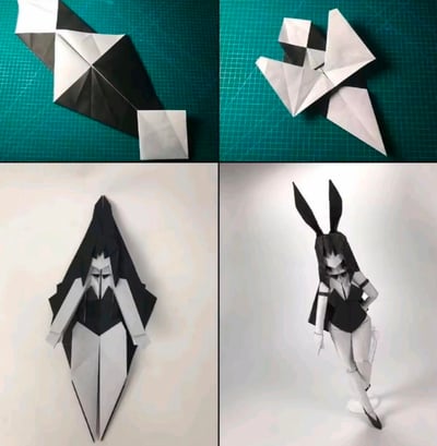这是一组由四格画面组成的手工折纸创作展示图，左上与右上呈现了黑白双色的基础几何折纸形态，有着规整的折叠纹理；左下是将该基础折纸改造为带有深色兜帽的修女风格拟人纸艺角色，造型冷峻肃穆；右下则是把同款基础折纸创作成兔女郎造型的拟人角色，摆出叉腰的俏皮姿态。整套作品展现了折纸创作的无限创意，从简单的几何结构到风格反差强烈的拟人形象，让人惊叹手工创作的可能性。