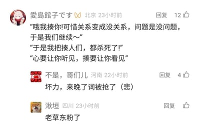 这是一张社交媒体评论区的静态截图，来自不同地区的用户在评论区进行轻松搞笑的玩梗互动。用户“愛島館子です”通过将多首知名华语歌曲的歌词关键字替换为“揍”，创作出错位搞笑的改编歌词，包括改编自梁静茹《可惜不是你》的“哦我揍你!可惜关系变成没关系，问题是没问题，于是我们继续～”、改编自草东没有派对《大风吹》的“于是我把揍人们，都杀死了!”，以及改编自邰正宵《心要让你听见》的“心要让你听见，揍要让你看见”；用户“不是，哥们儿”表示自己来晚了，想要玩的梗已经被别人抢先发布，感到遗憾；用户“湫垣”则指出第一位用户是草东没有派对的老粉丝，点明了其中一个改编梗的出处，整个评论区充满了网络社群玩梗的轻松氛围。