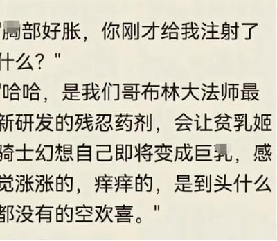 这张图为网络上的一段恶搞、幻想类对白段落，主要内容是模仿中二、奇幻作品的语气描述“哥布林大师”所研发的某种药剂注射给“贫乳姬骑士”，引发夸张的生理和心理反应。文字带有一定的讽刺和调侃意味，利用性相关的双关（如“胸部好胀”、“巨乳”、“空欢喜”等）形成搞笑和幻想色彩。

**可能含有对性特征的调侃和亚文化幻想内容，整体偏向二次元、中二风格，带有网络内涵段子味道。无明显现实人物或场景，仅为文字梗。**
