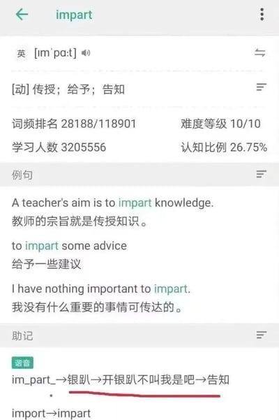该图片为英语学习类App中单词“impart”的查询结果截图，包含发音（英 [ɪm'pɑːt]）、词性及释义（[动]传授；给予；告知）、词频排名（28188/118901）、难度等级（10/10）、学习人数（3205556）、认知比例（26.75%）等数据。下方列有三个例句及中文翻译，如“A teacher's aim is to impart knowledge.（教师的宗旨就是传授知识。）”。最底部的“助记”板块使用谐音梗：将“im_part”拆分为“银趴”，搭配“开银趴不叫我是吧→告知”的幽默联想，帮助记忆单词含义，同时还对比了“import”与“impart”。