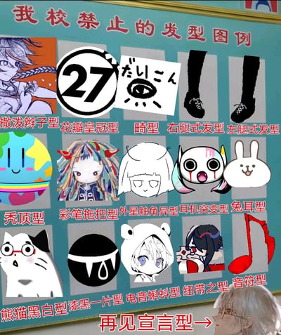 这是一张模仿学校规范学生发型的公示板制作的恶搞P图，顶部标注“我校禁止的发型图例”，分三行展示了16种荒诞的“禁止发型”。这些“发型”并非真实发型，而是由网络表情包、二次元角色形象、趣味符号、抽象图案等构成，每个图案下方都配有对应的搞笑命名，如“秃顶型”“彩笔拖把型”“兔耳型”“音符型”等，通过将完全不相关的事物定义为“发型”，制造出强烈的反差感，达到幽默调侃的效果，整体风格轻松搞笑，充满网络玩梗的趣味。