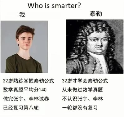 这是一张针对考研数学备考群体制作的反差梗图，通过将备考中的“我”与泰勒公式的提出者布鲁克·泰勒进行对比制造笑点：左侧的“我”22岁就熟练掌握泰勒公式，考研数学真题平均分140，刷完张宇、李林的考研数学模拟卷，复习进度到第八轮；右侧的泰勒本人32岁才“学会”自己提出的泰勒公式，从未做过数学真题，也不认识考研数学名师张宇、李林。看似“我”的数学能力远超泰勒，实则是玩了时间错位的梗——泰勒是在自己研究提出该公式后才掌握，而我们是站在巨人的肩膀上学习已有的成熟知识，精准戳中考研数学党的备考痛点，充满自嘲与搞笑的反差感。