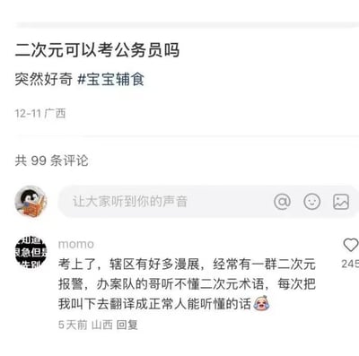 一张社交媒体截图，主帖内容为“二次元可以考公务员吗 突然好奇 #宝宝辅食”，发布于12-11广西，下方有99条评论。其中一条高赞评论来自用户“momo”，称自己考上公务员后，因辖区漫展多，常需为办案队翻译二次元术语给报警的二次元群体。内容核心是主帖中“二次元考公”与“宝宝辅食”话题的无逻辑关联形成的迷惑笑点，评论区则以亲身经历强化了二次元文化与现实职场的碰撞感。