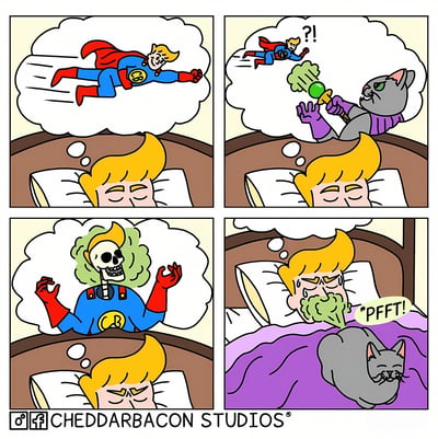 四格连环漫画讲述了金发男子的搞笑梦境奇遇：第一格中他安详入睡，梦中化身红蓝配色的超级英雄自由飞行；第二格梦境突变，一只穿戴紫色装备的灰色猫咪持绿色法杖突然出现，让英雄惊呼“?!”；第三格英雄被猫咪释放的绿色气体熏成骷髅，表情惊恐；第四格男子惊醒，口鼻喷出绿色气体并发出“PFFT!”的咳嗽声，发现灰色猫咪正得意地趴在他胸口。漫画通过猫咪用屁打断英雄梦的荒诞情节制造幽默效果，展现了宠物日常捣蛋的滑稽场景。