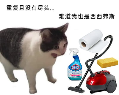 这是一张P图改编的静态图文混排梗图，画面左侧是一只表情崩溃、舌头吐出的黑白猫咪，神态烦躁无奈；右侧集合了红色吸尘器、高乐氏清洁喷雾、黄色海绵、白色厨房纸等多种家用清洁工具。图片上方配有文字“重复且没有尽头... 难道我也是西西弗斯”，借用希腊神话中被罚永远重复推石头上山的西西弗斯的典故，将日复一日、没有尽头的家务劳动比作西西弗斯的惩罚，通过猫咪的崩溃神态，精准共情了被家务缠身的人群的疲惫、无奈与烦躁情绪，用幽默的方式吐槽家务的重复性与无尽头。