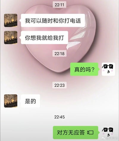 这是一张带有粉色心形背景的聊天记录截图，展示了一段充满反差感的对话。22:11时，一方发来消息“我可以随时和你打电话”“你想我就给我打”；22:18，头像是熊猫且昵称为“3”的另一方回复“真的吗？”；22:23对方确认“是的”；但到22:45，“3”发送了“对方无应答 📞”的提示，形成了“承诺随时可联系却实际无法接通”的戏剧化对比。