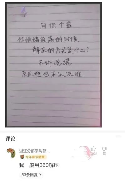 图片上半部分是一张横线笔记本纸上的手写文字：“问你个事 你情绪低落的时候 解压的方式是什么？不许说谎 反正谁也不认识谁”；下半部分为社交媒体评论区截图，用户“浙江分部采购部...”评论“我一般用360解压”并获2402赞。核心笑点在于“解压”双关——原指缓解心理压力，评论曲解为计算机文件解压（360压缩软件），形成幽默反差。
