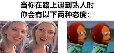 图片上方有文字'当你在路上遇到熟人时你会有以下两种态度：'，下方分为左右两部分。左侧是两张银头发女性的照片，第一张面带微笑，第二张笑容更加灿烂热情；右侧是两张红毛动画猴子的图片，第一张平静注视前方，第二张转头向侧面，仿佛在回避。通过左右对比，幽默地展现了人们遇到熟人时可能有的两种极端态度：热情打招呼与假装没看见回避。