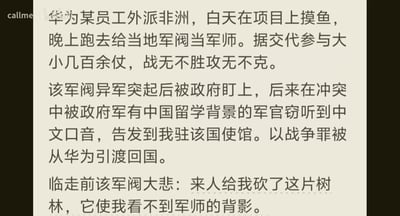 这是一篇虚构的荒诞搞笑段子，内容讲述一名被华为外派到非洲的员工，白天在工作项目上摸鱼混日子，晚上却摇身一变成为当地军阀的军师，参与了数百场战役且战无不胜。随着该军阀的势力崛起，被当地政府盯上，在一次冲突中，有中国留学背景的政府军军官窃听到该员工的中文口音，将此事告发至中国驻该国大使馆，最终该员工以战争罪的名义从华为被引渡回国。在他临走时，军阀悲痛欲绝，下令砍掉眼前的树林，只因为树林遮挡了他看向军师背影的视线。段子用极度夸张的职场反差情节制造笑点，最后军阀的台词还化用了“一叶障目”的成语，用荒诞的方式演绎了这个典故，进一步增强了搞笑效果。