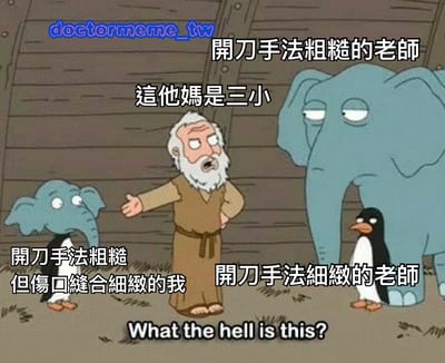 图片中一位白胡子老人站在中间，表情惊讶地说着"這他媽是三小"。左侧有一只小象，配文"開刀手法粗糙但傷口縫合細緻的我"；右侧有一只大象和一只企鹅，大象配文"開刀手法細緻的老師"。图片上方还有"開刀手法粗糙的老師"标题，底部有英文翻译"What the hell is this?"。整体通过动物角色和夸张对比制造幽默效果，讽刺了不同老师的教学或工作风格差异。