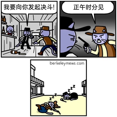 这是一组三格连环卡通漫画，以拟人化的猫咪为角色，结合西部牛仔决斗的经典场景制造幽默反差：第一格场景在酒馆内，一只穿黑西装戴黑帽的牛仔猫愤怒地向穿棕马甲戴棕帽的牛仔猫发起决斗挑战，地面打翻了酒瓶，吧台后的猫咪在一旁旁观；第二格是两只猫近距离对峙，棕马甲牛仔猫举着枪，和对方约定正午时分进行决斗；第三格是正午时分的小镇街道决斗场，原本应该紧张对决的两只牛仔猫，却都躺在地上呼呼大睡，完全忘记了决斗的约定，利用猫咪爱睡觉的天性，打破了牛仔决斗的严肃氛围，形成荒诞的喜剧效果。