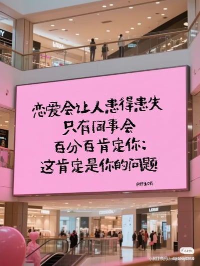 该图为商场内部场景，中庭悬挂的粉色背景LED大屏上印有黑色搞笑文案，利用“肯定”一词的语义反差玩梗：前半段的“肯定”是认可欣赏的含义，后半段同事的“肯定”是笃定将问题归咎于他人的甩锅含义，精准吐槽了职场中同事遇事推卸责任、动辄把问题甩给其他人的常见现象。画面背景可见商场的多层结构，上层有行走的顾客，下层分布着多家商铺、自动扶梯以及往来客流，大屏右下角标注有创作者账号@野生0花，图片右下角还有小红书平台的用户ID水印。