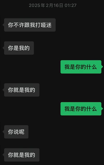 这是一张微信深色模式的聊天记录截图，顶部显示对话时间为2025年2月16日01:27。对话共有两方，灰色气泡为发言方A，绿色气泡为发言方B。A首先表示不许对方打哑谜，称对方是自己的，B两次追问“我是你的什么”，但A始终没有给出明确的身份回答，仅反复回复“你就是我的”，还反问B“你说呢”，整体对话充满暧昧拉扯的氛围。该内容玩谐音梗，“哈达”发音接近“啥哒”，和A始终不肯说明对方是自己的什么的状态相呼应。