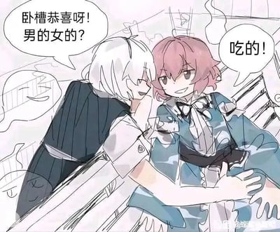 这是一幅二次元手绘风格的单幅静态漫画，画面呈现两个出自游戏《明日方舟》的卡通角色：左侧白发角色白面鸮双手环抱住右侧粉发角色蓝毒的腹部，语气激动地问道“卧槽恭喜呀！男的女的？”，显然是误以为蓝毒怀孕；而蓝毒则面带笑意地回应“吃的！”，解开了这个误会，实际是因为吃太多食物导致肚子鼓胀，利用日常场景里的误会制造出反差搞笑的效果，属于同人创作的搞笑梗图。