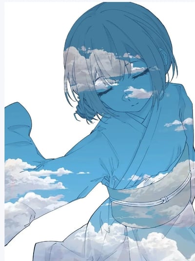 一幅二次元风格的插画，描绘了一位身着蓝色和服的少女。画面采用双重曝光技法，少女的轮廓中融入了漂浮的云朵图案，营造出梦幻唯美的氛围。少女双目轻闭，神情宁静，一只手臂自然伸展，姿态优雅。整体色调以蓝色为主，线条柔和，展现出日式插画的独特美感。