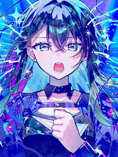 这是一张风格鲜明的二次元插画，画面中心是一位身处舞台的偶像少女，她有着黑蓝渐变的长发，蓝绿色眼眸睁大，嘴巴张开，脸上挂着汗珠，一只手攥紧放在胸前，看起来正投入地演唱或是情绪激动地呐喊。背景充满蓝紫色调的霓虹光效、闪烁的星芒与动感线条，搭配复古漫画的网点纸质感，整体氛围热烈且充满舞台张力，仿佛能感受到现场的欢呼与音乐的律动。