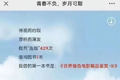 这张图片是某图书馆面向用户生成的年度阅读报告截图，整体背景为淡蓝色天空白云样式，顶部标题为“青春不负，岁月可期”，开篇引用“博观而约取，厚积而薄发”的正向古文名句，随后给出用户年度数据：全年累计到馆（泡馆）429次，但是仅借阅了1本图书，最后公开该用户借阅的第一本图书为《世界情色电影精品鉴赏·III》，前后内容形成强烈反差，原本励志正向的年度总结因为最后突兀的借阅书籍内容产生了十足的搞笑效果。