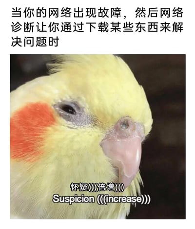 这是一张吐槽类表情包，采用玄凤鹦鹉的实拍照片，搭配文字来吐槽生活中遇到的离谱网络问题：当网络出现故障时，系统的网络诊断却要求用户下载某些东西来解决问题，这显然是矛盾的——没有网络根本无法完成下载，这种脱离实际的解决方案让使用者感到荒谬和怀疑。图中的玄凤鹦鹉眼神半眯、表情疑惑无语，完美契合了使用者此时的心态，下方的“怀疑(((倍增)))”文字进一步强化了这种吐槽情绪，整体内容生动地展现了日常使用网络时遇到的不合理体验，容易引发网友的共鸣。