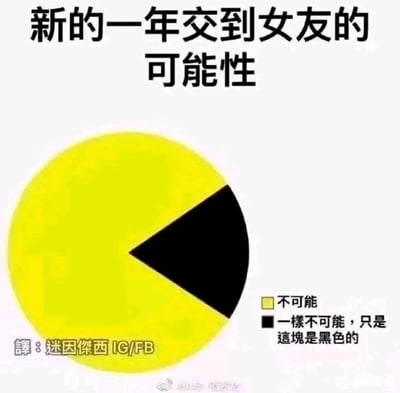 这是一张用来调侃单身状态的搞笑饼图梗图，标题为“新的一年交到女友的可能性”。饼图被分为黄色和黑色两个区域，黄色区域的标注为“不可能”，黑色区域的标注则是“一样不可能，只是这块是黑色的”，通过两种不同的表述，本质都指向“脱单可能性为零”的结果，用自嘲的方式放大单身人士在新年对脱单这件事的无奈，制造出荒诞又好笑的效果，精准戳中同类人群的共鸣点。