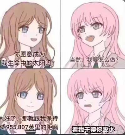 四格连环漫画，左侧为棕色头发女孩，右侧为粉色头发女孩。第一格：棕发女孩微笑提问“你愿意成为我生命中的太阳吗？”；第二格：粉发女孩开心回应“当然，我要怎么做？”；第三格：棕发女孩继续微笑说“太好了，那就跟我保持92,955,807英里的距离”（地球到太阳的平均距离）；第四格：粉发女孩震惊出汗并说“看我干得你脱水”。
该梗图利用“太阳”的双关含义制造笑点，表面是浪漫表白，实际用太阳与地球的遥远距离调侃对方，形成反差幽默。
