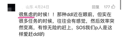 社交媒体评论截图，显示来自山东用户于4月24日发布的内容，获177赞。内容描述了面对DDL临近时的焦虑情绪，以及任务繁重时效率突然提升、有惊无险赶上截止日期的经历，并自嘲“SOS我们p人是这样爱赶ddl的”。反映了当代人在 deadline 压力下的典型状态。