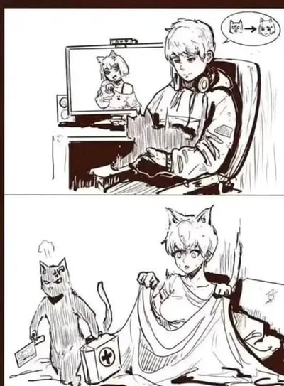 这是一幅两格的手绘黑白漫画：
1. 第一格：男生戴着耳机坐在电脑前，看着屏幕里的猫娘，脑子里想着「猫→猫娘」的变身想法，似乎在操作什么想要实现这个目标。
2. 第二格：男生掀开自己的衣服，震惊地发现自己变成了猫娘，旁边的猫则一脸不爽地拿着类似变身道具和急救箱，仿佛是它完成了这场搞砸的变身。
这是一个玩「变身误解」的搞笑梗，本来想让猫咪变成猫娘，结果自己反而中招，充满了反差感和趣味性。