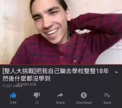 这是一张带有搞笑自嘲字幕的视频截图，画面中的男子一脸尴尬又略带自嘲地笑着，一只手搭在头后，姿态放松。下方的字幕以「整人大挑战」的玩笑口吻，吐槽自己耗费18年时间在学校，最后却感觉什么知识都没学到，用荒诞的整活形式放大了读书生涯中的无力感，精准戳中不少人对学习经历的共鸣，笑点在于用戏谑的语气消解这种无奈的情绪。