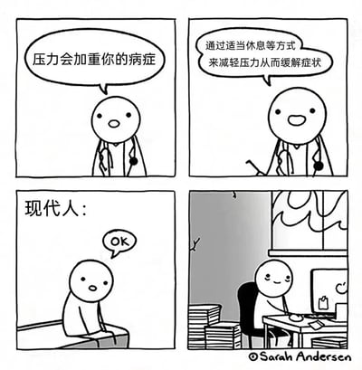 四格连环漫画描绘了现代人面对压力的矛盾状态。第一格中，戴着听诊器的医生严肃地说“压力会加重你的病症”；第二格医生温和建议“通过适当休息等方式来减轻压力从而缓解症状”；第三格“现代人：”平静回应“OK”；第四格则揭露真相——该人深夜坐在堆满文件的办公桌前加班，表情无奈。漫画通过前后对比，讽刺了现代人明知减压重要却难以践行的普遍困境。