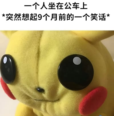这张梗图上方有文字“一个人坐在公车上 *突然想起9个月前的一个笑话*”，下方是一张皮卡丘玩偶的特写照片。皮卡丘有着大大的黑色眼睛和红色的脸颊，表情看起来有些困惑和微妙，完美配合了文字所描述的那种突然想起很久之前笑话的尴尬或困惑情绪。