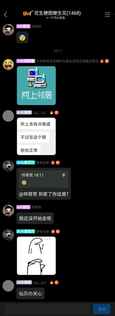 这是一张QQ群“花生梗图梗生花(1468)”的聊天记录截图，群内有1173人在线。聊天流程为：群主帅哥贺先发😨表情，群成员“芥末青椒花生爆炒生姜毛豆西瓜再撒点葱花”分享了像素风格的“网上邻居”梗图并配🔥🥵表情；成员破命表示“听上去有点离谱不过在这个群倒也正常”，同样带🔥🥵表情；管理员野兽先辈引用群主的表情@群主询问是否到家，群主回复“我还没开始走呢”，随后野兽先辈发了一张无语鲨鱼梗图，破命最后以“仙贝の关心”玩梗收尾，呼应管理员昵称“野兽先辈”（“仙贝”是日语“先辈”的谐音）。整个群聊氛围轻松诙谐，充满玩梗互动的趣味，展现了社群内的轻松交流文化。