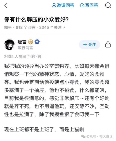 这是知乎平台上针对「你有什么解压的小众爱好？」问题的趣味回答，答主唐言将自己的领导调侃成办公室宠物，把上班过程比作去猫咖：日常悄悄观察领导的精神状态、心情和爱吃的食物，还会投喂自己抽屉里的零食，认为这个“宠物”好养活、安静不吵闹，互动性强，只有在自己摸鱼太狠时会“叨”自己，用这种幽默的方式化解职场压力，让上班变得有趣，内容充满职场人的轻松调侃，没有双关、谐音梗等内容。
