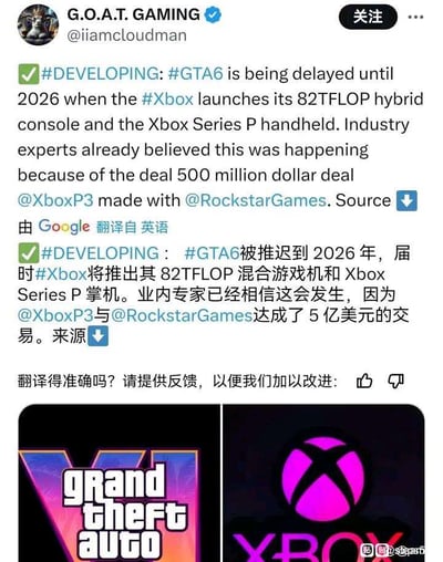 这是一则包含海外社交平台爆料与游戏品牌标识的拼接内容，主要展示了推特账号G.O.A.T. GAMING发布的关于《GTA6》发售时间的爆料：《GTA6》将推迟到2026年发售，届时Xbox会推出82TFLOP的混合游戏机和Xbox Series P掌机，业内专家认为该推迟是因为XboxP3与RockstarGames达成了5亿美元的交易。内容同时附带了谷歌翻译的中文版本，下方还配有左右分栏的《GTA6》视觉标识图与Xbox品牌标识图，整体用于在社交平台传播这一游戏相关的爆料信息。