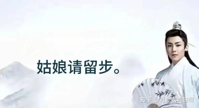 图片中是演员侯明昊在古装剧《我就是这般女子》中的经典剧照，他身着一袭白色长袍，头戴发冠，手持绘有竹叶图案的折扇，背景为朦胧的山水意境。画面左侧配有醒目的半文半白文字“姑娘请留步。”，整体营造出刻意的古风氛围感。该图是2024年底爆火的“古风小生”网络梗的典型应用，通过尴尬又中二的台词搭配正经的古装造型，形成强烈反差感，既调侃了“伪古风”文化中的生硬表达，也唤起了网友对青春期“文学病”黑历史的集体回忆。