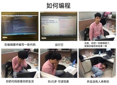 这是一组以程序员职场经历为主题的六格连环梗图，用自嘲的方式展现程序员写代码时的崩溃心路。第一格展示在编辑器中编写代码的电脑屏幕；第二格是运行代码后满屏报错的界面；第三格是一位男性程序员坐在工位上，神情失落，配文调侃其搞砸了一切；第四格中程序员双手捂脸，配文将代码与不如意的生活挂钩；第五格程序员单手捂脸，配文吐槽代码BUG多、可读性差；第六格程序员直接躺倒在工位下方的地面上，配文表现出孤立无援的状态。整组图用夸张的真实职场场景和扎心的配文，精准戳中程序员写代码时遇到的困境，同时映射生活的失意，引发职场人尤其是程序员群体的强烈共鸣。