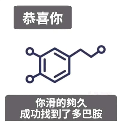 这是一张采用顶配底文排版的静态趣味梗图，整体风格简洁。上方灰色矩形框内配有文字“恭喜你”，中间位置展示了多巴胺的化学分子结构式，下方灰色矩形框内写着“你滑的夠久 成功找到了多巴胺”。该图结合了多巴胺作为能让人产生愉悦感的神经递质的科普知识，以及网络冲浪时长时间滑动浏览内容的行为，用趣味化的方式调侃用户长时间刷手机的行为，将找到多巴胺等同于找到愉悦感，呼应了上网获取快乐的体验。