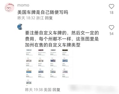 这是一张社交平台的评论区科普截图，上方用户momo提问“美国车牌是自己随便写吗”，下方有网友科普解答：美国车牌需要注册自定义并支付一定费用，各州政策不一，下方配图展示加州自定义车牌的种类列表。整体风格轻松科普，没有明显双关或谐音梗。适合解释美国车牌办理流程。
