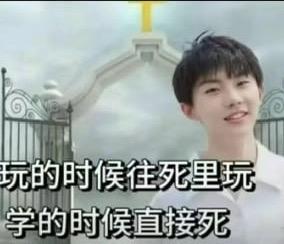 这是一张P图改编的梗图，图中人物是时代少年团成员马嘉祺，背景被替换为带有十字架的类似天堂大门的场景，下方配文“玩的时候往死里玩 学的时候直接死”。该图用夸张戏谑的方式调侃年轻人在玩乐和学习时的极端状态，以“学的时候直接死”的夸张表述来吐槽学习的辛苦与压力，是年轻人用来表达对学习与娱乐平衡的搞笑吐槽内容。