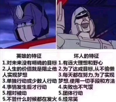 这是一张左右分栏的图文混排梗图，左侧使用《变形金刚》中擎天柱严肃发火的动画截图，标注为“英雄的特征”，列出6条特征：1.对未来没有明确的目标 2.人生的价值就是阻止他人实现梦想 3.单独行动或少数人行动 4.事情发生后才行动 5.相对被动 6.不管什么时候都在发火；右侧使用威震天开怀大笑的动画截图，标注为“坏人的特征”，列出6条特征：1.有远大理想和野心 2.为了达成目标，从不偷懒 3.每天都在努力，为了实现梦想，使用一切手段和方法 4.失败也不气馁 5.团体行动 6.经常笑。这张图通过完全反向的逻辑定义传统认知里的英雄与反派特征，形成强烈的反讽效果，暗喻现实中类似职场场景里，努力拼搏、有目标的个体反而被“异类化”，而被动消极、缺乏动力的个体却被归为“正面”，用幽默的方式调侃了这种错位的评价逻辑。