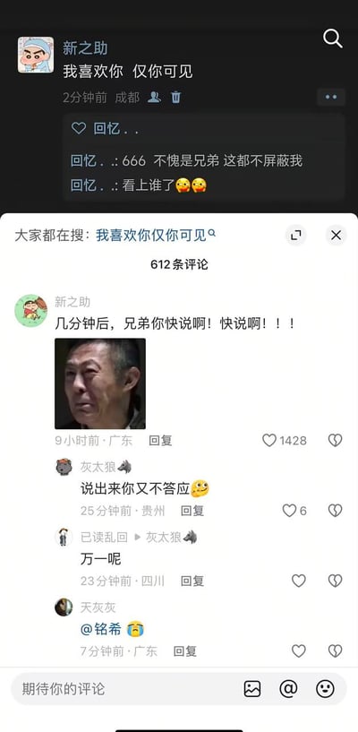 这是一张社交媒体截图梗图，展示了用户"新之助"发布的"我喜欢你 仅你可见"动态引发的评论互动。截图上方显示了原动态内容和好友"回忆"的评论："666 不愧是兄弟 这都不屏蔽我"、"看谁了😏😏"。下方评论区中，新之助焦急催促："几分钟后，兄弟你快说啊！快说啊！！"并配上了一张表情严肃的中年男性头像。其他网友评论："说出来你又不答应😜"、"万一呢"、"@铭希😂"等，形成了搞笑的互动场景。