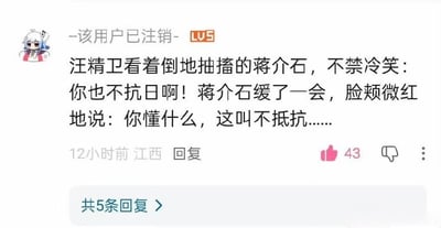 这是一张B站平台的用户评论截图，发布评论的账号显示已注销，账号等级为LV5，头像是B站看板娘22娘。评论内容为一段虚构的历史人物对话，恶意玩谐音梗，将严肃的“抗日”概念进行低俗化歪曲，还错误关联了历史上的不抵抗政策，属于对严肃历史相关词汇的不当使用。该评论12小时前发布于江西，获得43个点赞，下方显示共有5条回复。