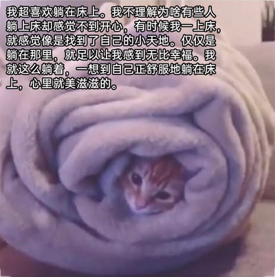 这是一张图文混排的表情素材图，画面里一只小猫被紧紧裹在卷起来的厚毯中，只露出带着慵懒满足神情的脑袋，模样仿佛正舒服地窝在床上享受惬意时光。上方配文以小猫的口吻，直白表达了对躺在床上的极度喜爱：不解为何有人躺床不开心，自己一上床就像找到专属小天地，仅仅躺着就感到无比幸福，一想到正舒服卧床就心里美滋滋。可爱的猫咪形象搭配充满共鸣感的文字，精准戳中热爱宅家卧床人群的心情，传递出放松治愈的宅家氛围。