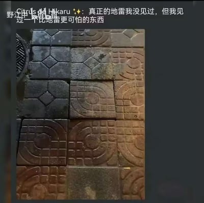 这张图片展示了一块铺设极度混乱、不规则的人行道砖，极大地触发了强迫症和视觉不适感。上方配文称：“真正的地雷我没见过，但我见过一个比地雷更可怕的东西。”这里将“地雷”和“地面砖”的恐惧相提并论，制造了幽默的生活吐槽效果，暗指不规律的地砖容易绊倒人甚至让人精神崩溃。

**双关解释：** 文案用“地雷”喻指地砖的不安全与“踩雷（倒霉）”的结合。
