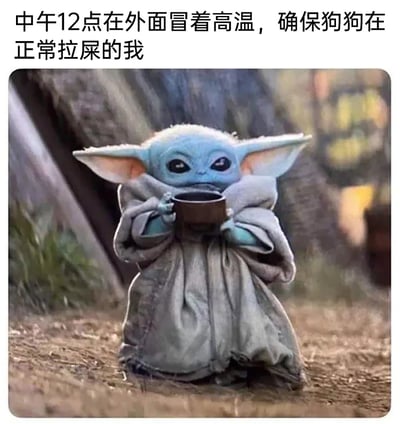 这是一张共情铲屎官日常的梗图，图片上方配文“中午12点在外面冒着高温，确保狗狗在正常拉屎的我”，图中是《曼达洛人》里的尤达宝宝（格洛古），它裹着宽松的长袍，双手捧着杯子蹲在地上，表情疲惫又无奈，精准地还原了铲屎官在正午高温天气里，不得不陪着狗狗在外排便时，那种燥热难耐却又必须坚持的生无可恋的状态，用卡通角色的神态来引发同类铲屎官的共鸣。