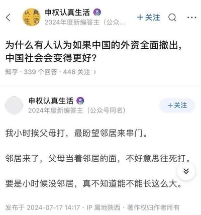 这是知乎平台的问答截图，提问为「为什么有人认为如果中国的外资全面撤出，中国社会会变得更好？」，用户「申权认真生活」以自身童年经历做类比：小时候挨父母打时，邻居的到访会让父母有所收敛，不敢过度打骂，借此隐喻外资如同邻居一般，在国内社会中能起到一定的制衡作用，避免极端情况发生，以此回应提问，用生活化的场景来阐释对外资作用的看法。