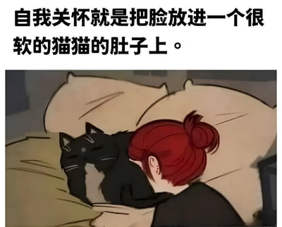 图片上方有一行黑色文字：'自我关怀就是把脸放进一个很软的猫猫的肚子上。' 下方是一幅插画，描绘了一位红发女孩将脸埋在一只黑白相间的猫咪肚子上的温馨场景。女孩头发扎成一个丸子头，穿着黑色上衣，侧身躺在床上，背景有两个浅色枕头。猫咪闭着眼睛，表情十分享受，画面整体传递出温暖、治愈的氛围。