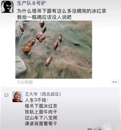 这是一张社交媒体截图，内容分为两部分：上方是用户“生产队8号驴”发布的工地场景照片，地面上散落着多瓶未喝完的冰红茶，用户配文提出疑问，好奇塔吊下为何有这么多没喝完的冰红茶，并询问捡拾饮用是否可行；下方是用户“王大爷（西北战区）”的评论，以“人生3不捡”的趣味形式，列出了四种不能捡拾的食物饮品，分别是塔吊下面的冰红茶、铁轨上面的牛肉干、过山车下的八宝粥、课桌背面的葡萄干。这些内容是网络上流传的生活安全提醒，意在告知人们这些场景下的物品可能存在被污染、有安全隐患的问题，不能随意捡拾食用，比如塔吊下的冰红茶可能是高空坠落的，已经被污染，铁轨上的牛肉干可能是经过列车碾压或被污染，过山车下的八宝粥可能是游客掉落且沾染了危险物品，课桌背面的葡萄干可能是长期积累有大量细菌。