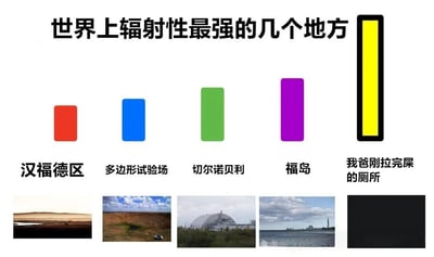 这是一张搞笑风格的辐射性地点排行榜图片。上方标题为“世界上辐射性最强的几个地方”，下方用彩色条形图展示五个“地点”的辐射强度对比，从左到右分别是红色条形的“汉福德区”、蓝色条形的“多边形试验场”、绿色条形的“切尔诺贝利”、紫色条形的“福岛”，以及右侧最高的黄色条形“我爸刚拉完屎的厕所”。每个条形下方对应一张实景图片，前四为真实核污染区域场景，最后一个为黑色图片。通过夸张手法将厕所列为“辐射最强”，制造幽默效果。